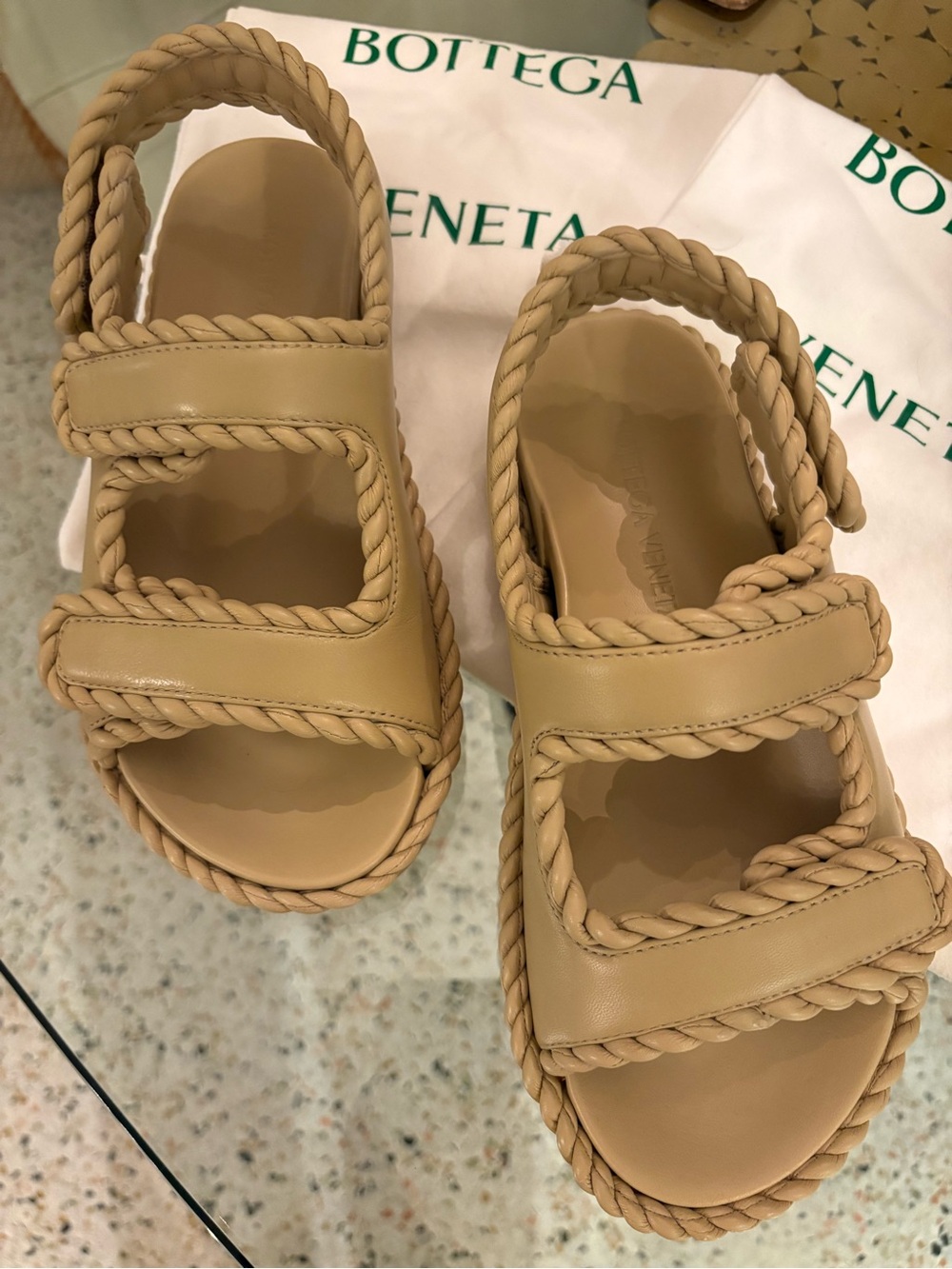 BOTTEGA VENETA Dad Sandals! Jack Flat Lagoon Napa in Cane Sugar! Almost New! 38